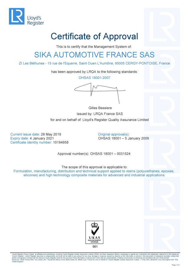 SIKA AUTOMOTIVE FRANCE SAS Certifikát ISO 18001